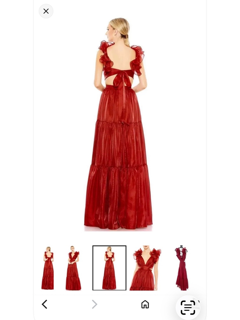 Mac Duggal Red Ruffled-Shoulder Tiered V-Neck Maxi Gown - Picture 3 of 6
